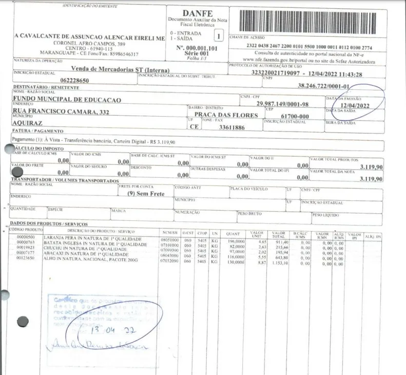 Notas comprovam entregas de produtos pela empresa A Cavalcante de Assunção Alencar Eireli ME