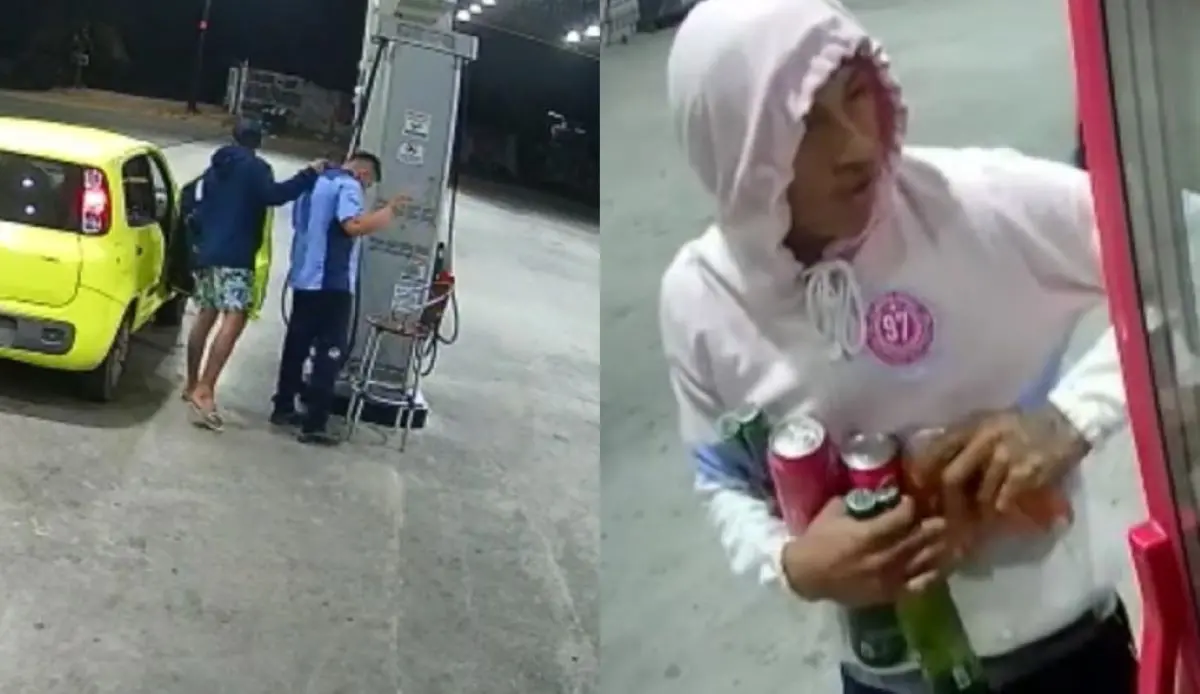 Imagem da notícia: Dupla abastece carro e rouba cervejas e refrigerantes em posto de combustível em Caucaia; veja vídeo
