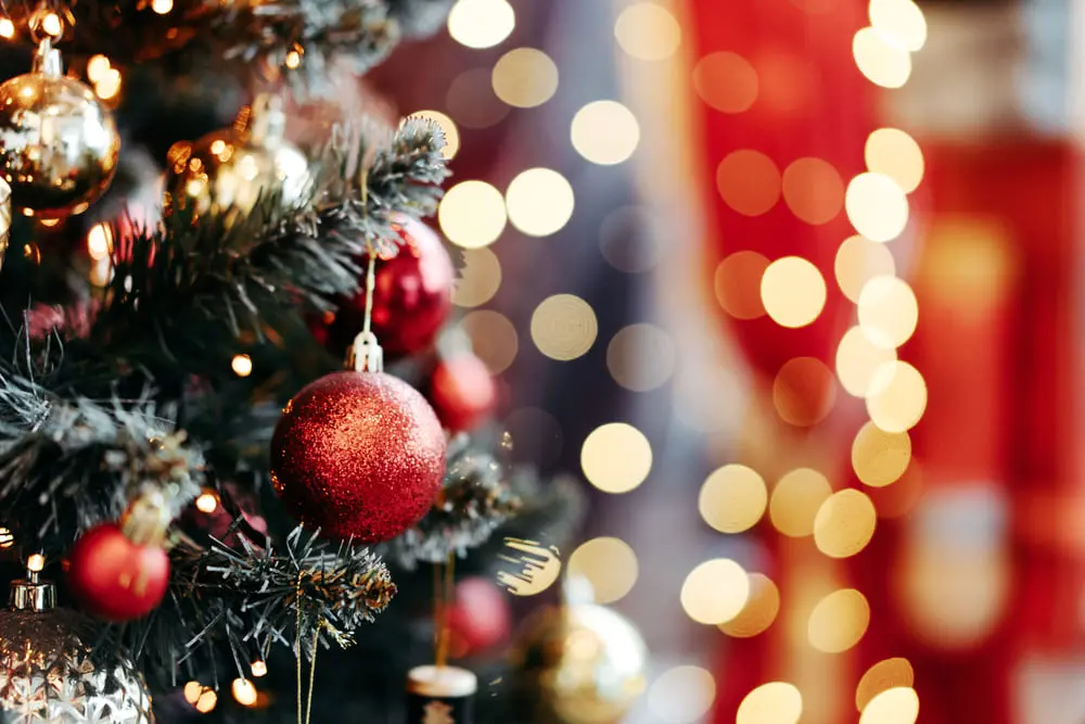 Árvore de natal com bola vermelha em destaque