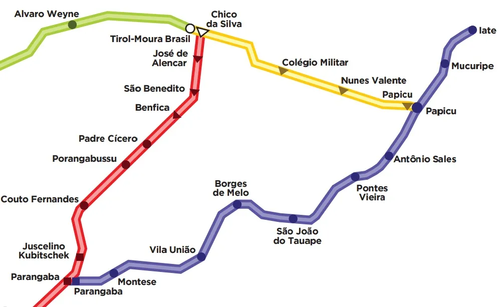 Projeto de estações da Linha Leste, em amarelo, se integrando às demais linhas do Metrofor.
