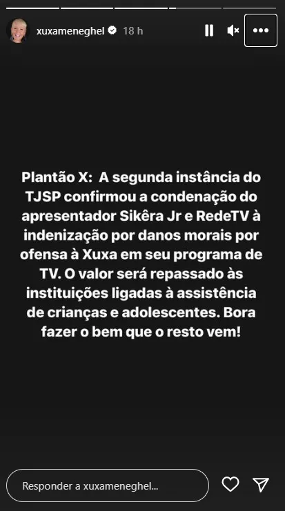 Publicação de Xuxa em rede social