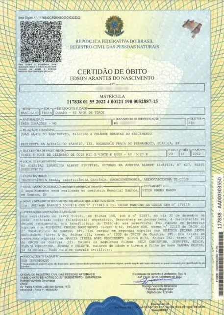 Imagem da notícia: Nome de Sandra, filha 'rejeitada' de Pelé, consta em certidão de óbito do atleta