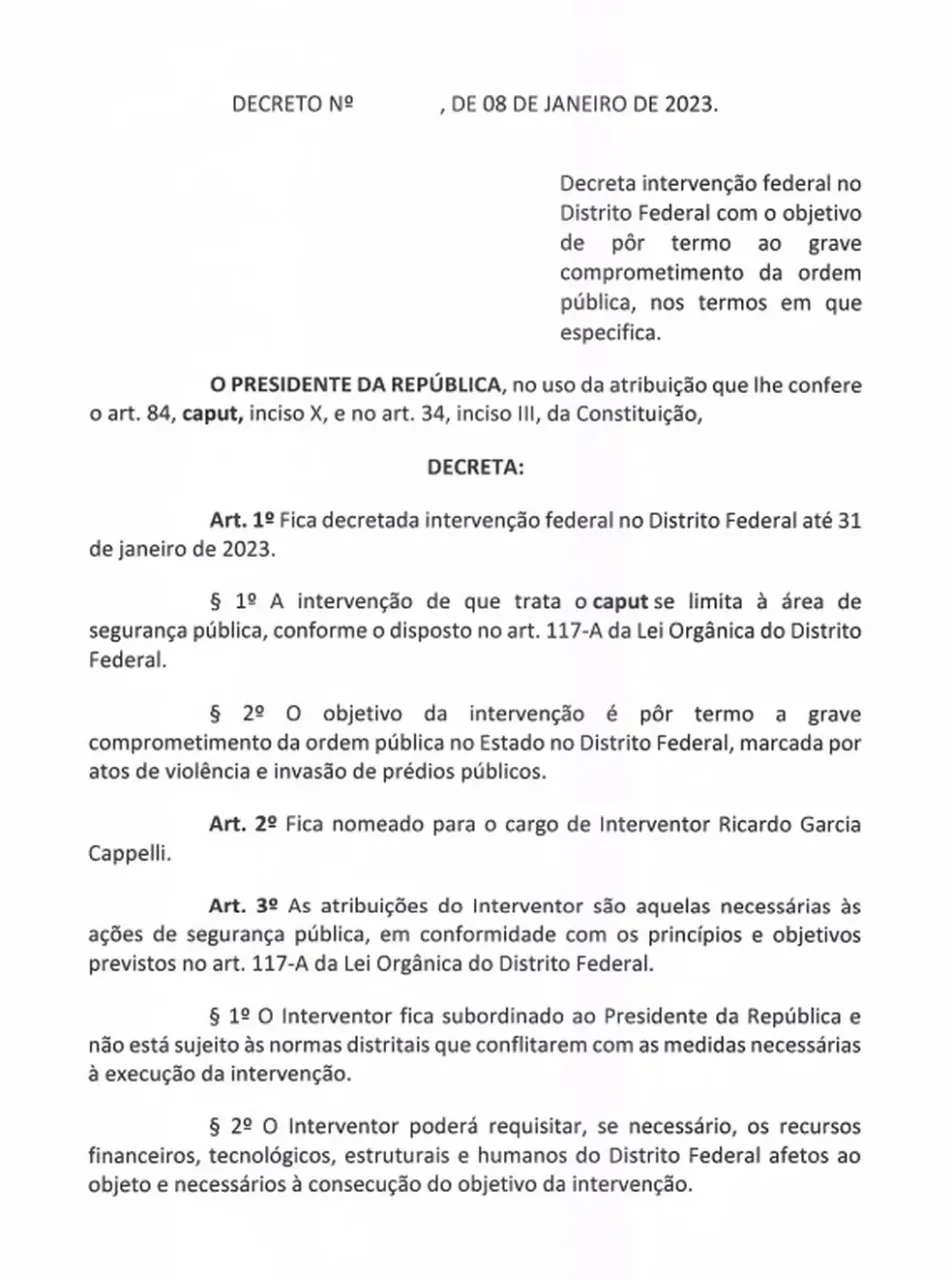 Primeira parte do decreto que autoriza intervenção federal no DF.