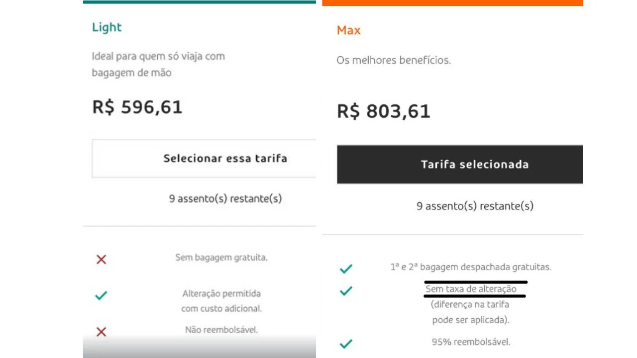 Companhia aérea 02: voar com flexibilidade custa mais de 30% que o bilhete convencional e ainda leva à diferença tarifária