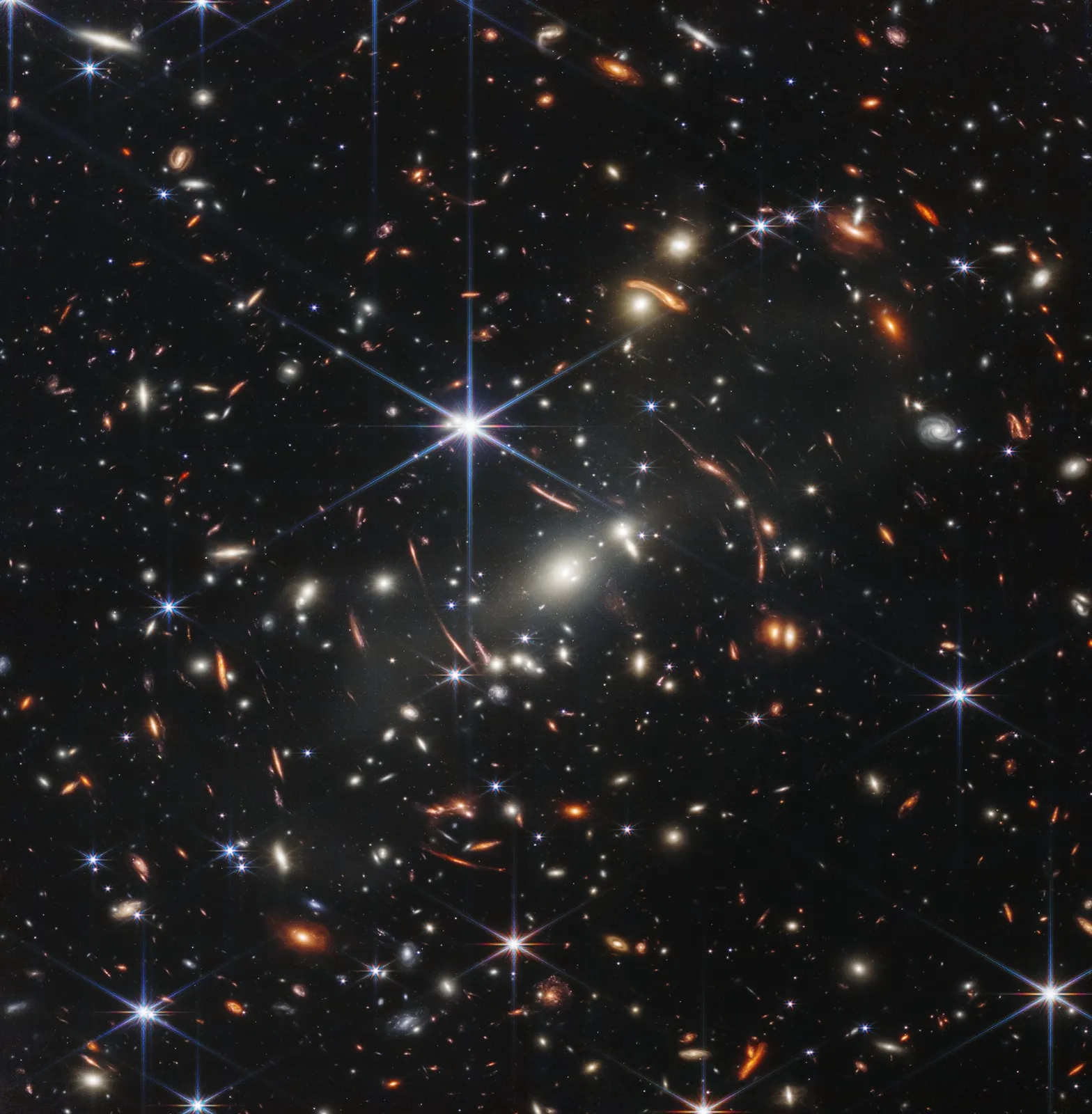 Imagem de céu profundo do Telescópio Espacial James Webb. As estrelas azuis com oitos raios de luz pertecem a nossa galáxia. Os demais pontos são galáxias contendo cada uma bilhões de estrelas