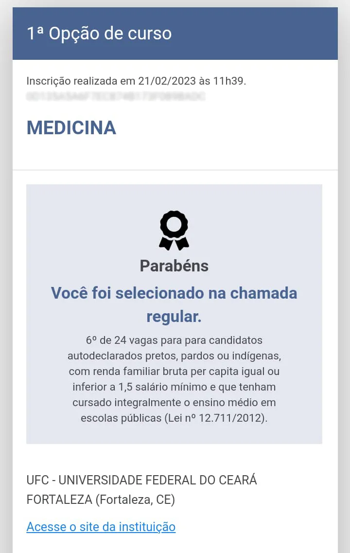 Tela com resultado da primeira chamada para o curso de Medicina da UFC em Fortaleza