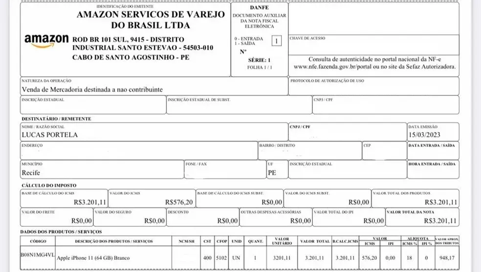 Boleto da compra do Iphone