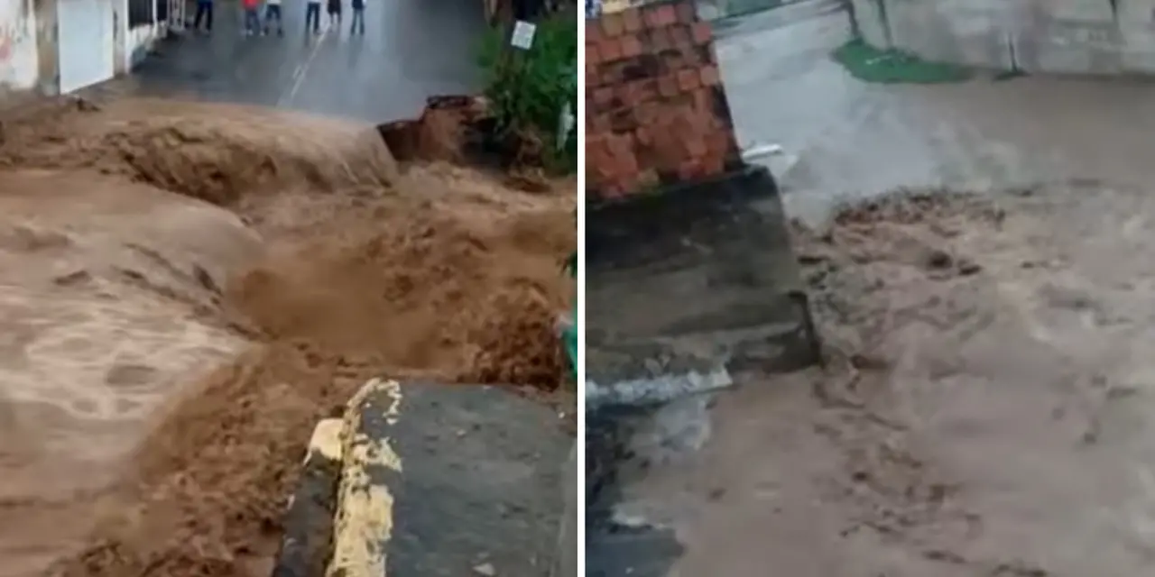 Imagem da notícia: Rio transborda com chuvas, passagem molhada desaba e cria cratera em Porteiras, no Cariri 