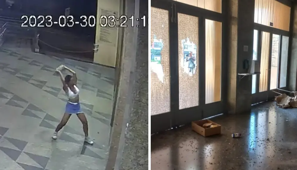 Imagem da notícia: Mulher ataca igreja e quebra vidraças da porta com blocos de concreto em SP; veja vídeo