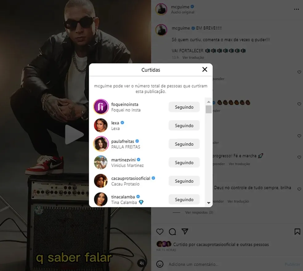 Lexa curte publicação de Guimê com nova música do artista.