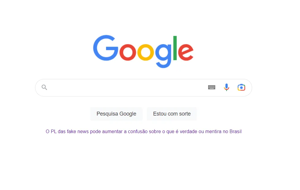 O link apresentado na página inicial do Google leva para um artigo que critica o projeto de lei