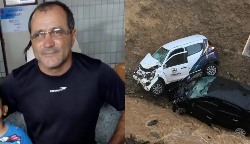 Montagem de fotos mostra a vítima, José, à esquerda, e os carros engolidos pela cratera à direita
