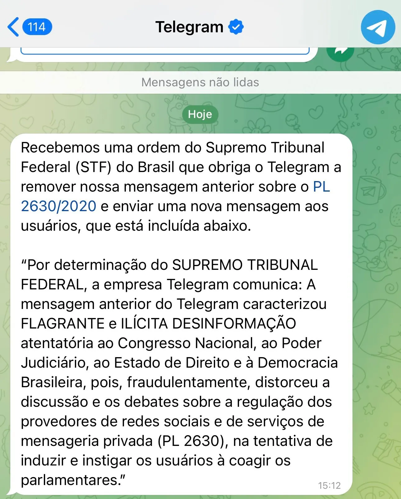 Print da mensagem enviada pelo Telegram