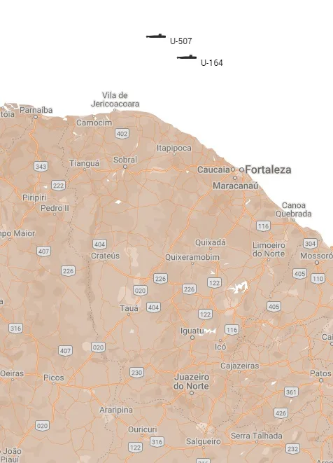 Localização dos bombardeios dos dois submarinos, segundo registros americanos e alemães
