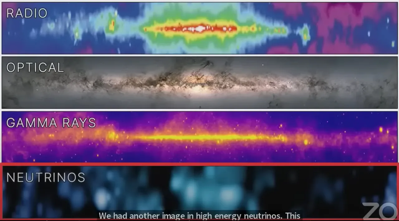 Via-Láctea observada por diferentes técnicas: Ondas de rádio, visível, raios gama e neutrinos