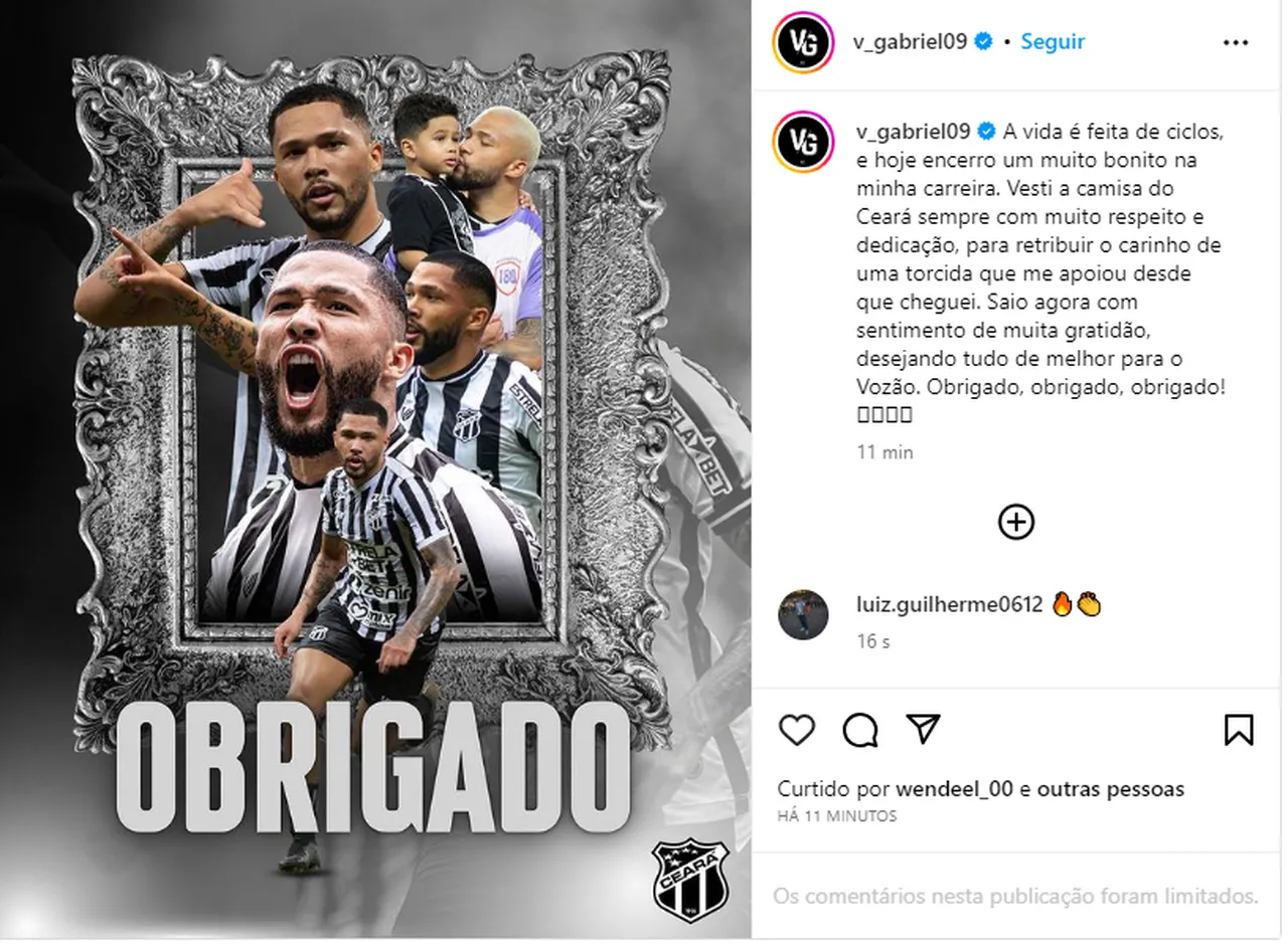 Vitor Gabriel se despediu do Ceará em suas redes sociais