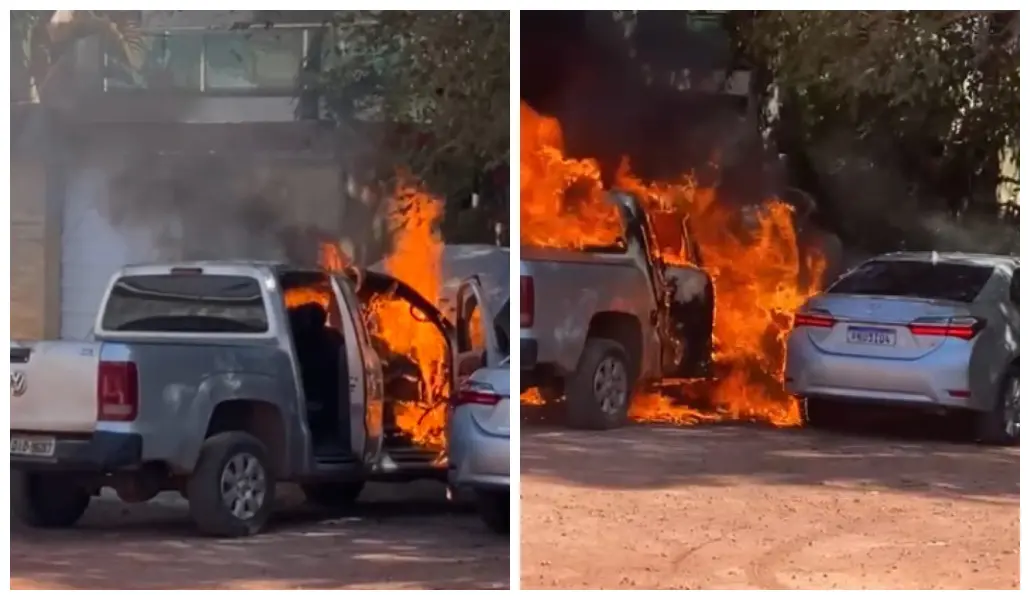Imagem da notícia: Picape pega fogo e chamas atingem outro veículo em pátio da prefeitura de Tianguá, no Ceará; assista