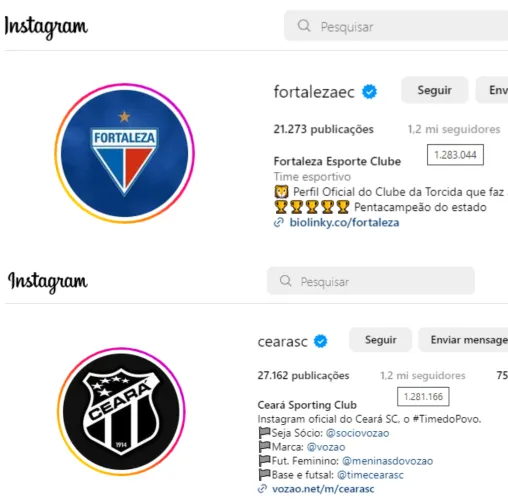 Fortaleza supera o Ceará em seguidores no Instagram.