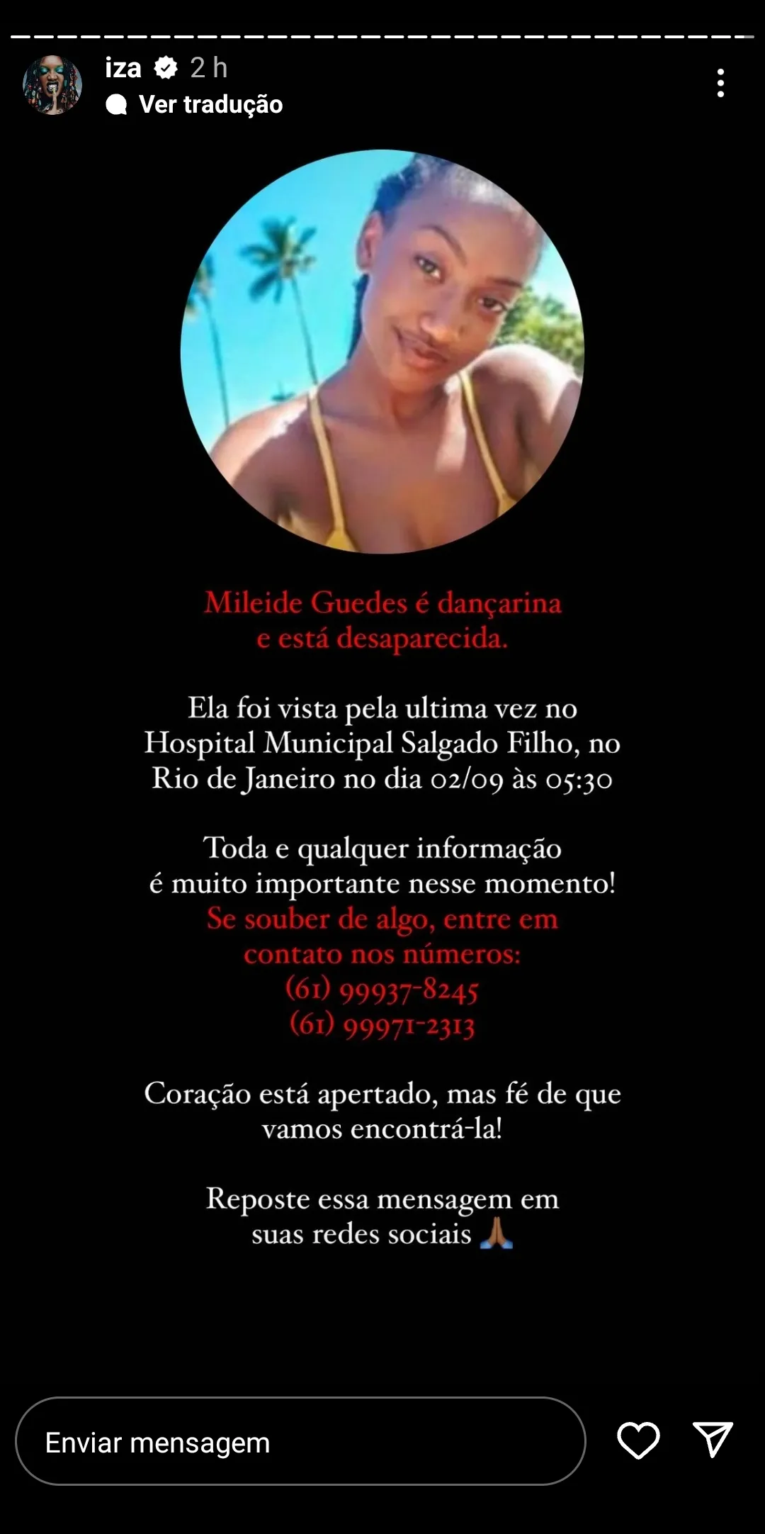 Iza compartilhou campanha para encontrar a jovem