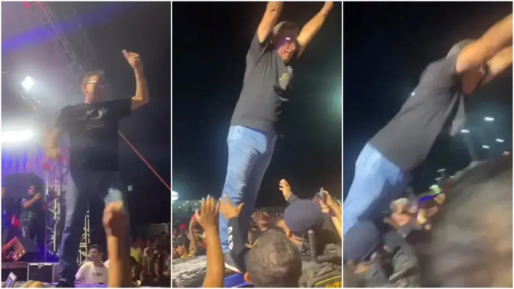 Imagem da notícia: Prefeito se joga na plateia e acaba caindo no chão durante show em Senador Pompeu, no Ceará