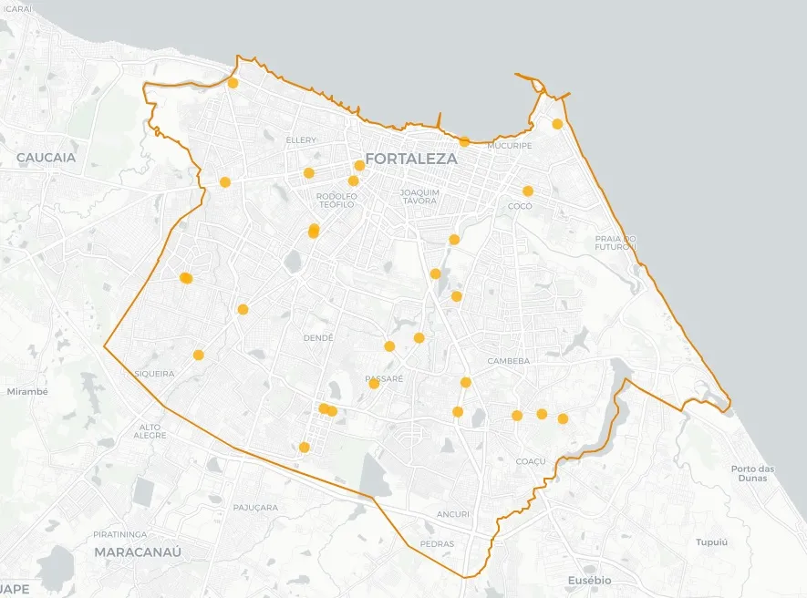 Mapa de ocorrências fatais na cidade, em 2023