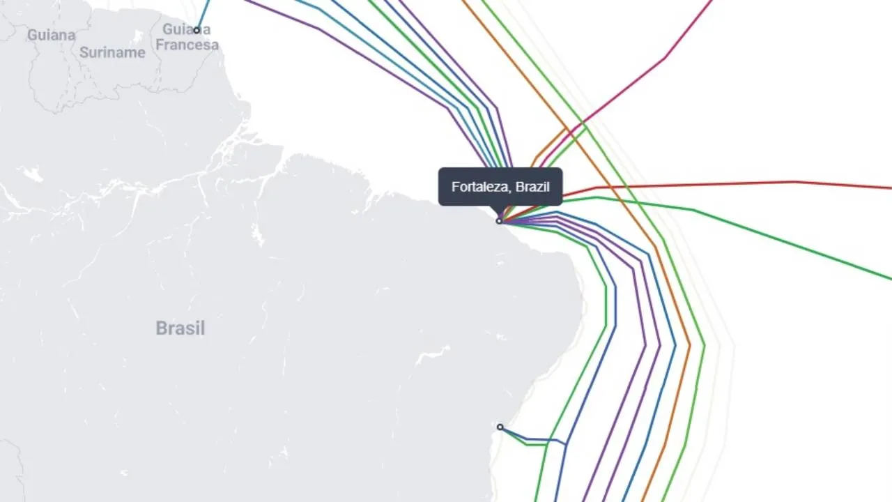 Cabos submarinos em Fortaleza listados pelo Submarine Cable Map, em 27 de setembro de 2023