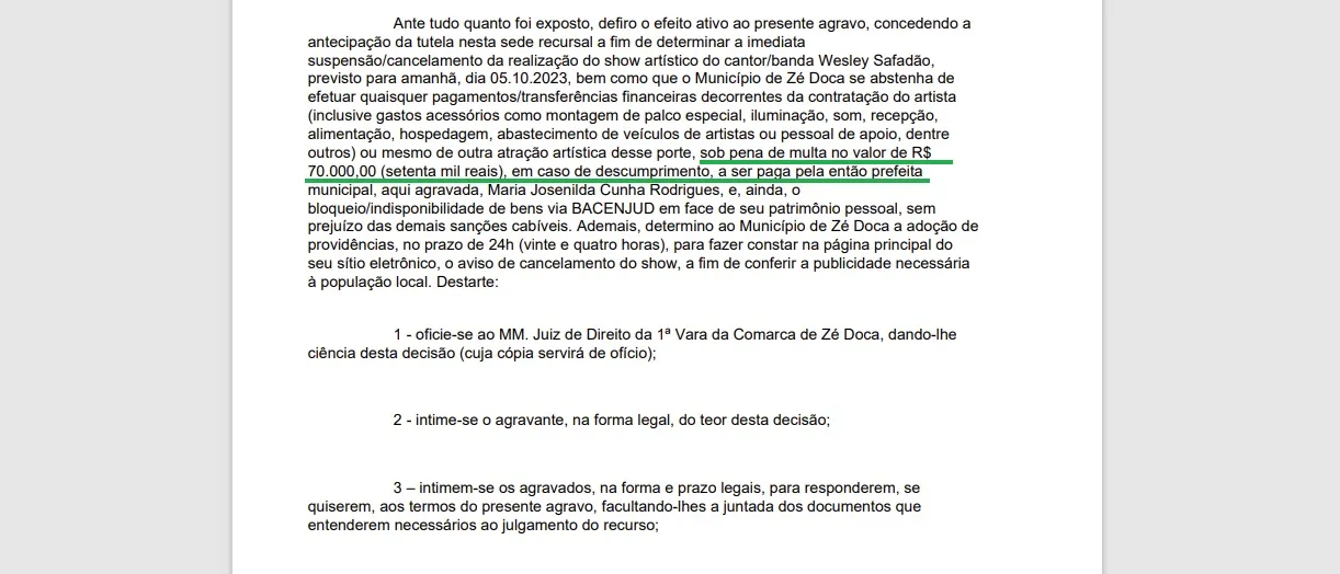 Documento com valor de multa assinado por desembargador