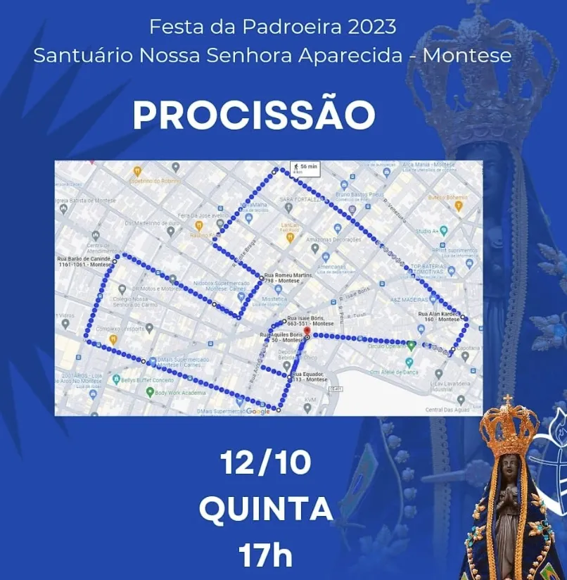 Rota da procissão no dia de Nossa Senhora Aparecida