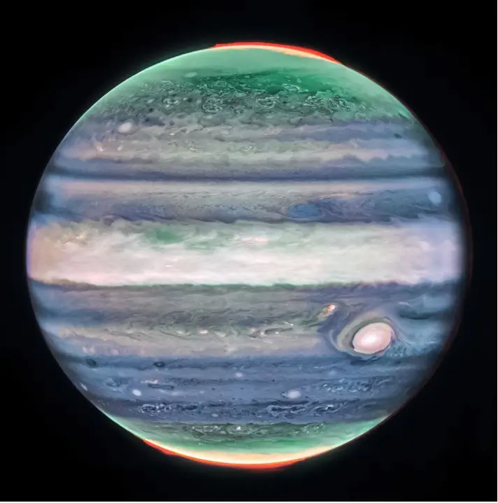 Imagem da notícia: Telescópio James Weeb capta em imagens características inéditas na atmosfera de Júpiter