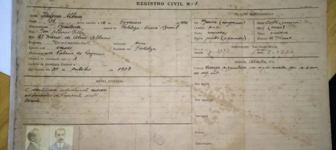 Imagem da notícia: Primeiro RG do Ceará foi emitido há 100 anos; saiba de quem foi o documento número 1