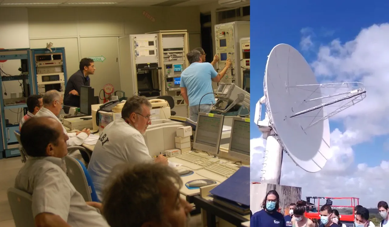 À esquerda, a equipe na sala de telemedidas do CLBI em Parnamirim-RN. À direita, a antena de telemedidas do CLBI