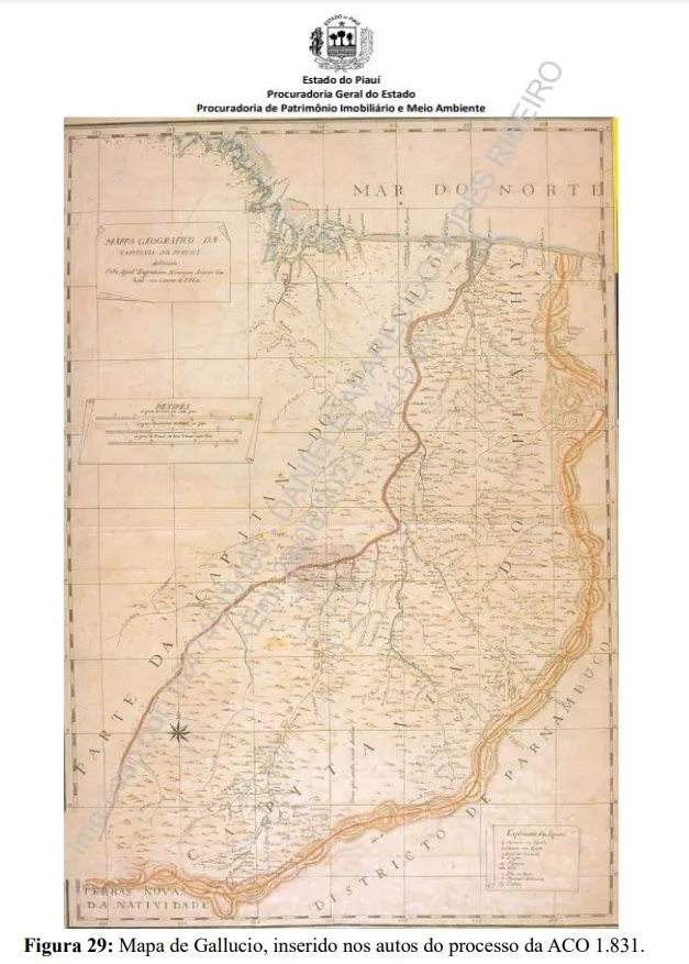 Mapa de Gallucio, utilizada pelo Piauí para reivindicar os territórios no Ceará. Pesquisadores do Governo do Estado apontam inconsistências, reconhecidas historicamente, na elaboração do mapa.
Mapa retirado da nota técnica do Governo do Ceará, a partir dos autos do processo ACO 1831.