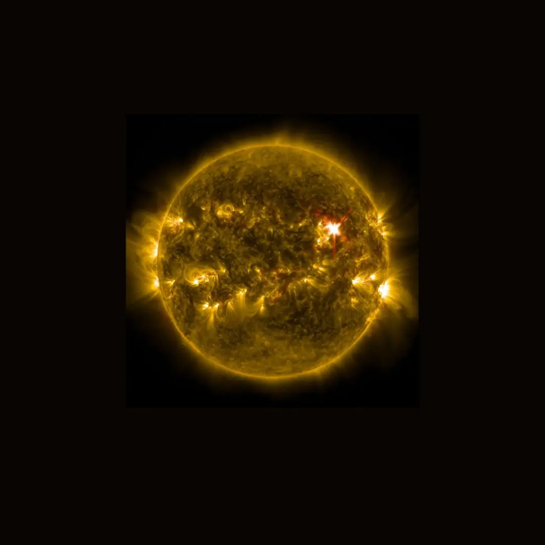 Ilustração computadorizada de uma tempestade solar em tons de amarelo ouro
