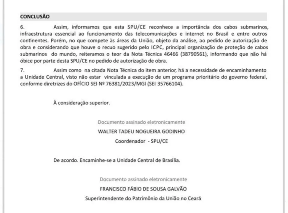 em reprodução de parte do documento da SPU/CE é possível identificar posicionamento de não impedimento, o que é diferente de autorização