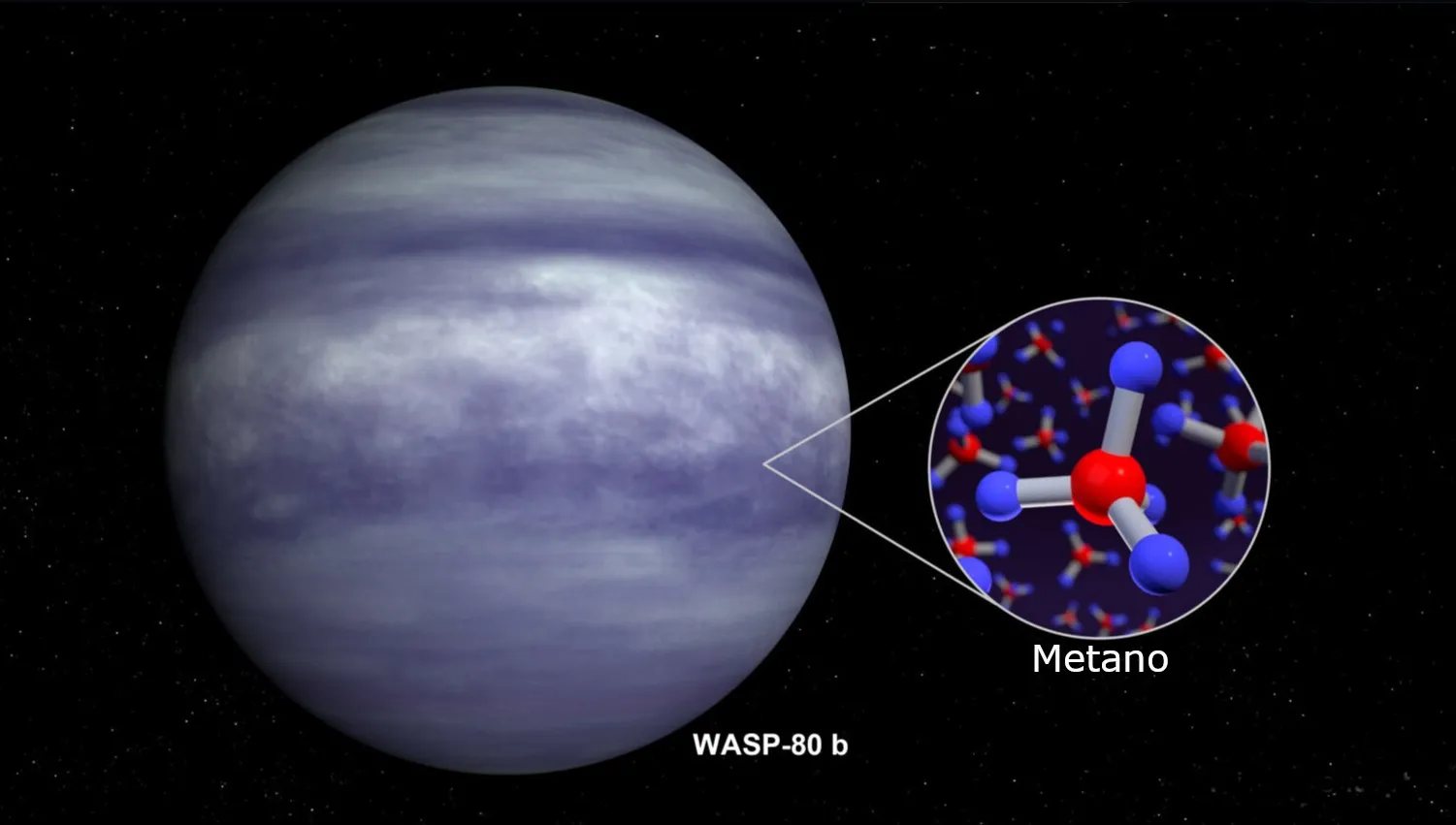 Concepção artística do exoplaneta WASP-80 b com moléculas de metano.