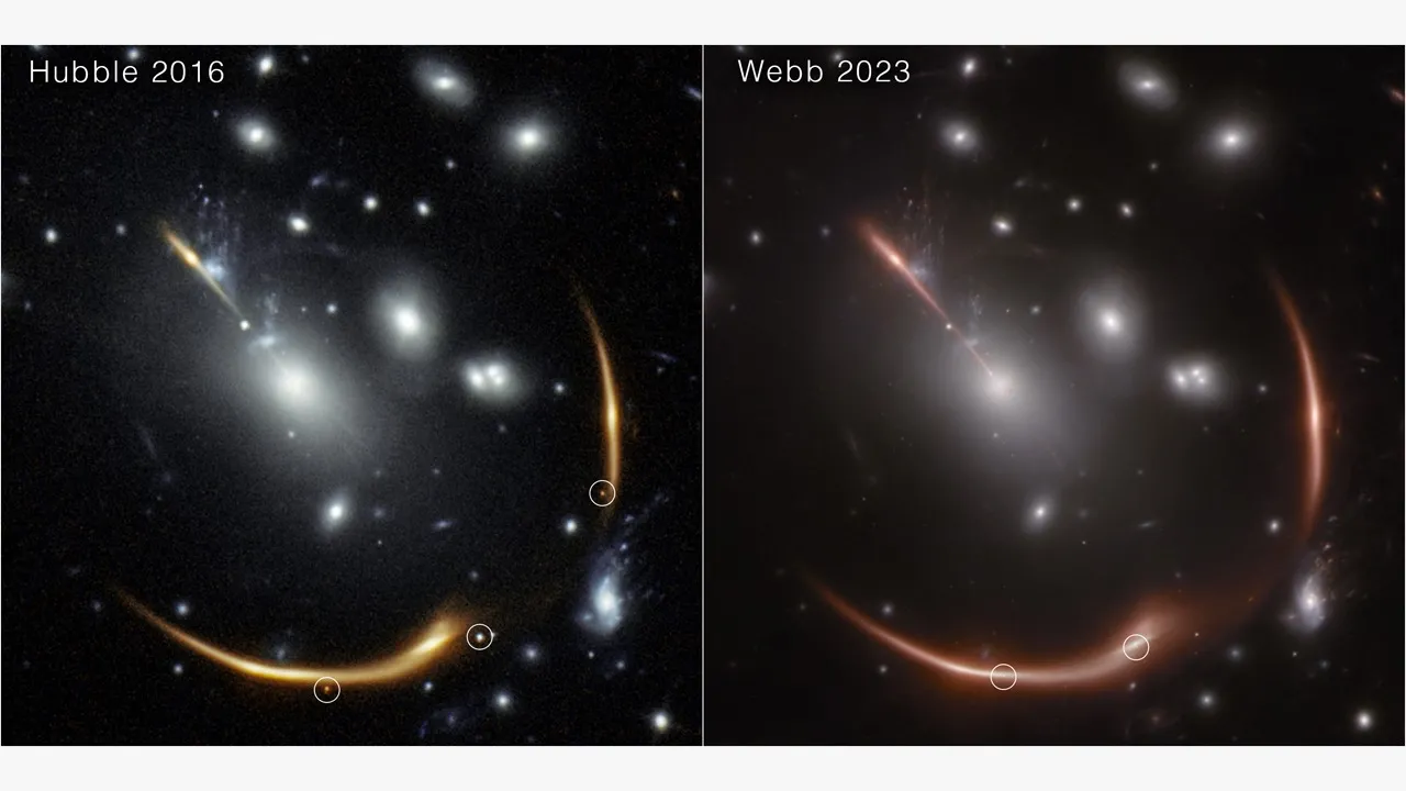 Aglomerado de galáxias MACS J0138. À esquerda (Hubble) e à direita (Webb).