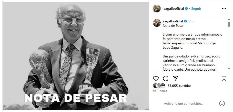 Comunicado sobre falecimento recebeu mais de 130 mil interações