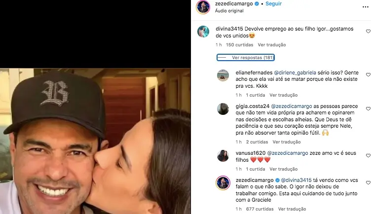 Imagem da notícia: Zezé di Camargo nega que demitiu o filho: 'Cuidando de tudo com a Graciele' 