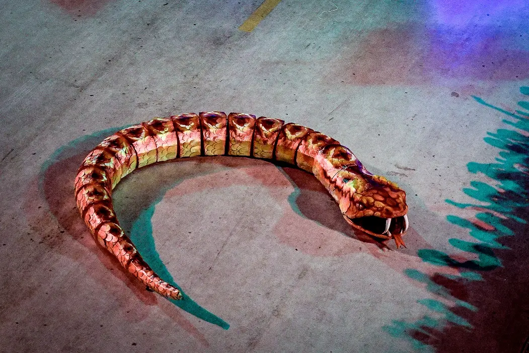 Imagem da notícia: Cobra da comissão de frente da Viradouro, na Sapucaí, foi vivida por bailarino