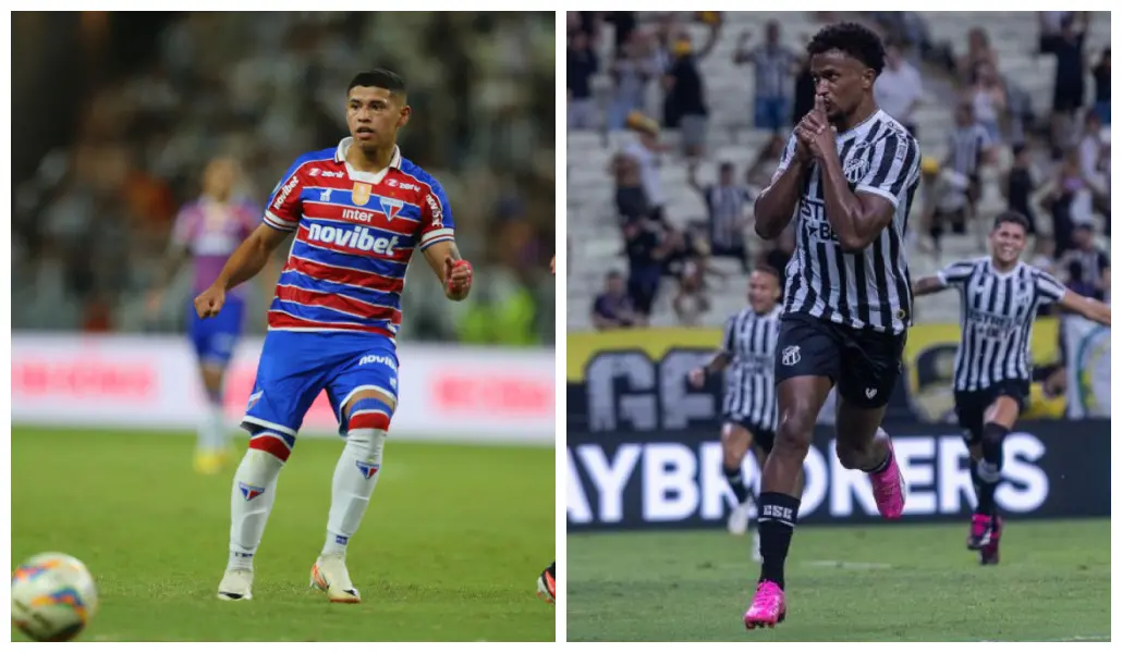 Machuca fazendo passe pelo Fortaleza e Saulo comemorando gol pelo Ceará