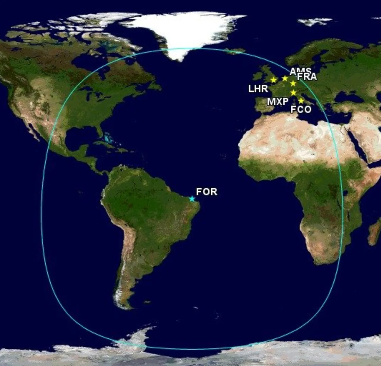 Mapas de alcance do A321XLR partindo de Fortaleza