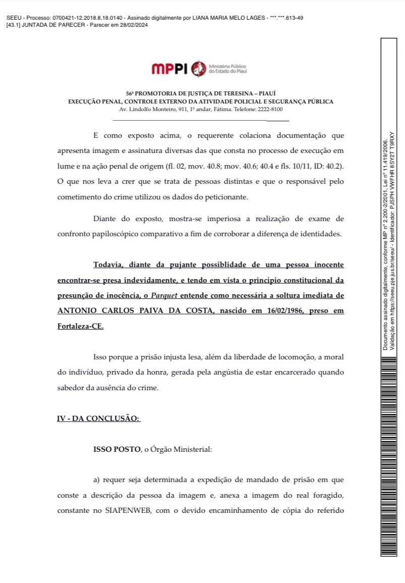 Trecho do parecer do Ministério Público do Piauí sobre o caso de Antônio Carlos