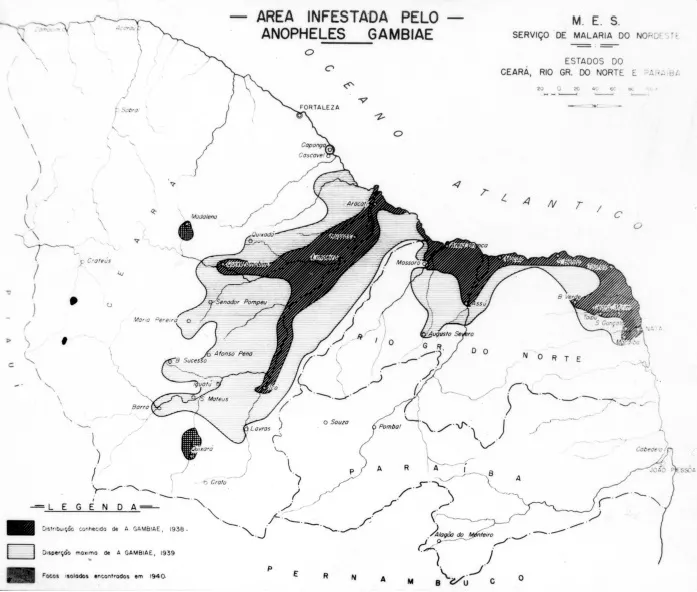 Mapa da área infestada pelo Anopheles no Ceará e Rio Grande do Norte, entre 1938 e 1940