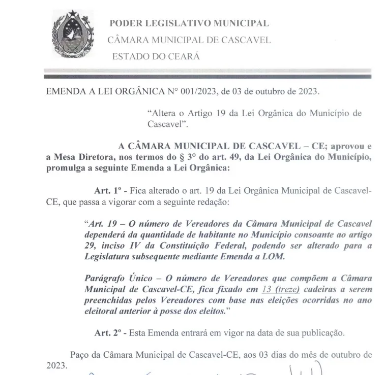Emenda à lei orgânica de Cascavel, com a alteração de vagas de vereadores de 10 para 13 a partir desta eleição. Medida foi promulgada em 3 de outubro de 2023
