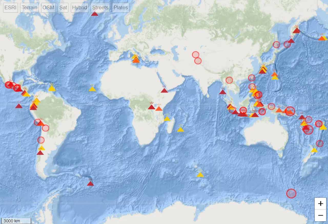 Mapa interativo de erupções vulcânicas e terremotos