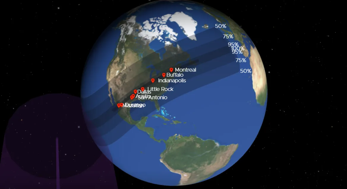 Cidades na faixa de totalidade, ou seja, onde o Sol será 100% encoberto pela Lua, Dentre elas: Mazatlan, Durango, San Antonio, Austin, Dallas, Little Rock, Indianápolis, Buffalo e Montreal