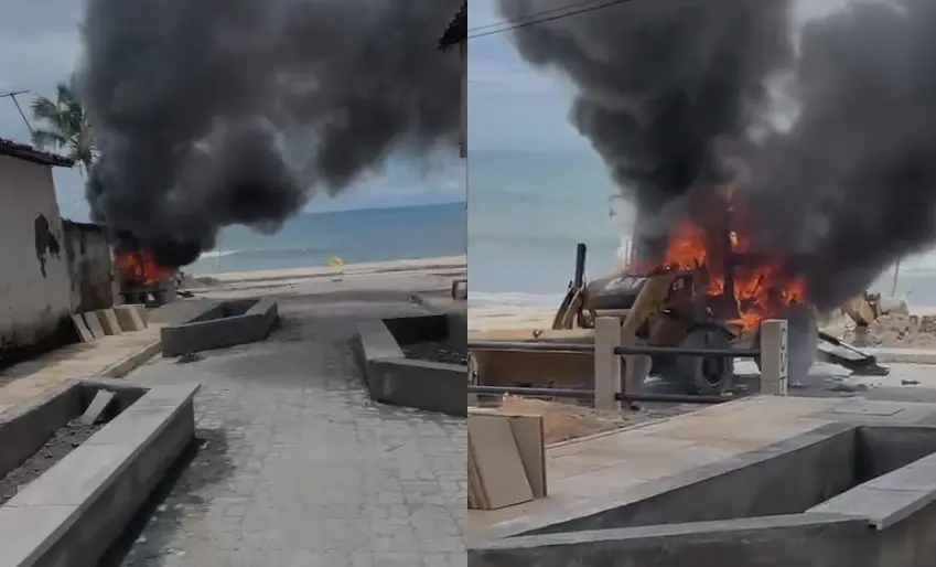 Imagem da notícia: Obra pública em Fortaleza é paralisada após facção ameaçar funcionários e incendiar retroescavadeira