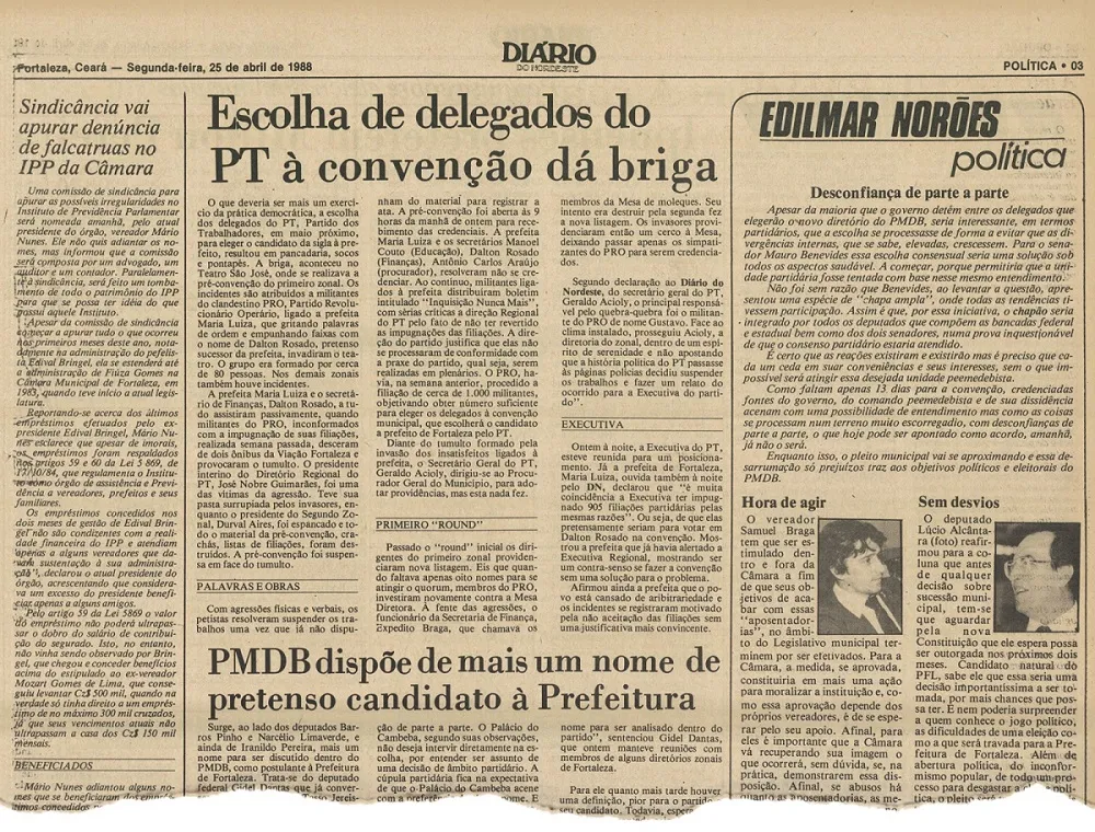 Matéria do Diário do Nordeste do dia 25 de abril de 1998 sobre confusão em pré-convenção do PT