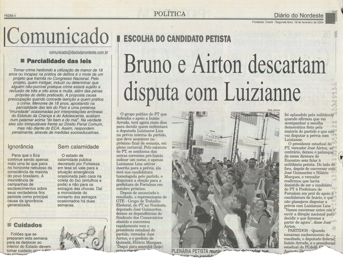 Matéria do Diário do Nordeste de 16 de fevereiro de 2004, após vitória de tese de Luizianne sobre candidatura própria à Prefeitura de Fortaleza