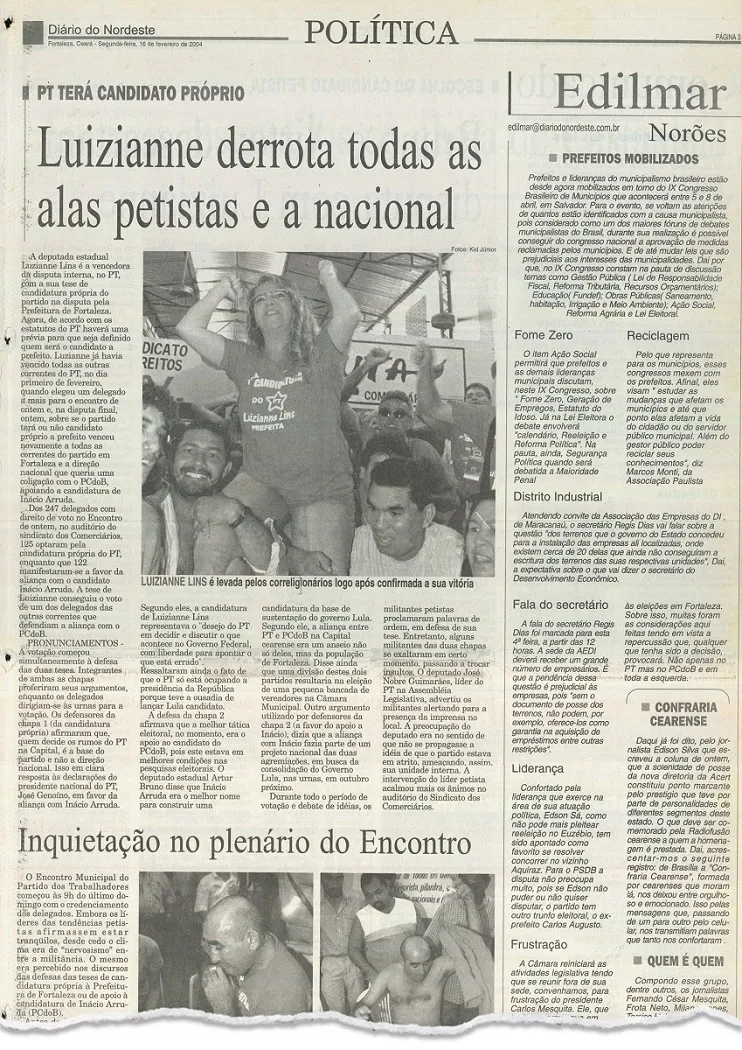 Matéria do Diário do Nordeste do dia 16 de fevereiro de 2004 sobre resultado do encontro municipal do PT